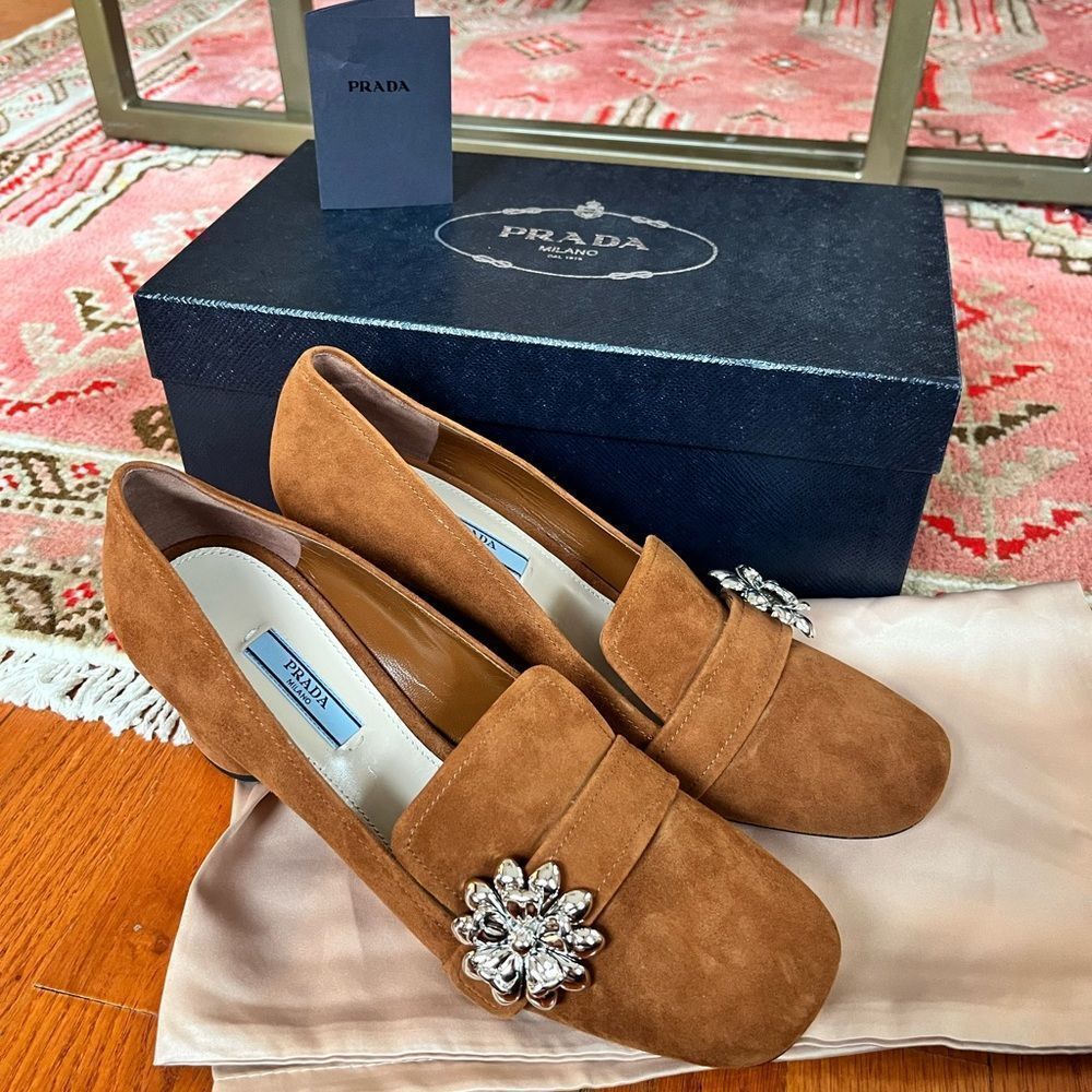 Prada | New In Box | Ornament-Embellished Suede Loafer Pump